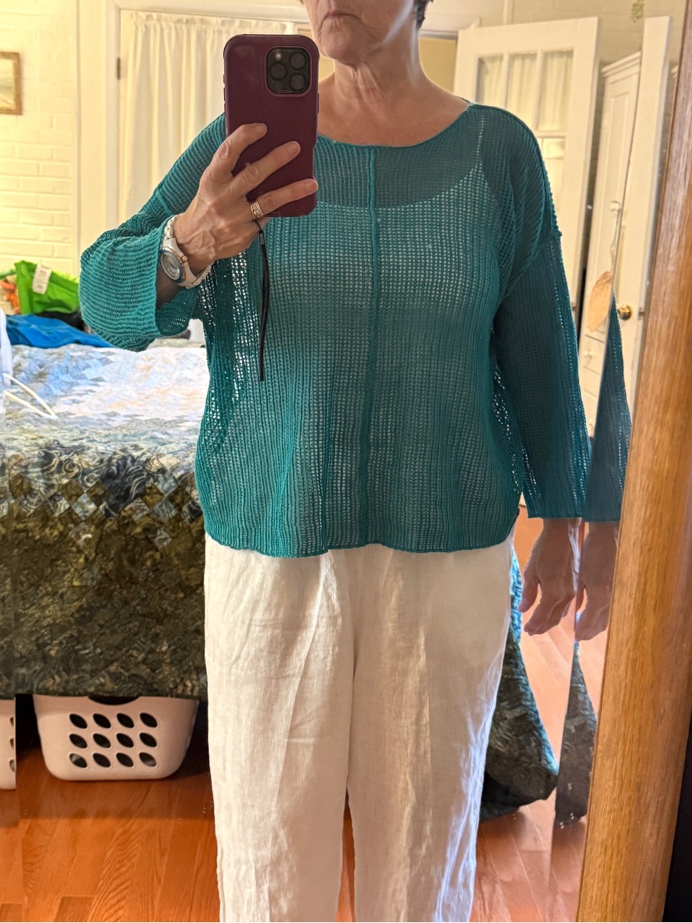 Teal Eileen Fisher Open-Knit Long-Sleeve Women's Top